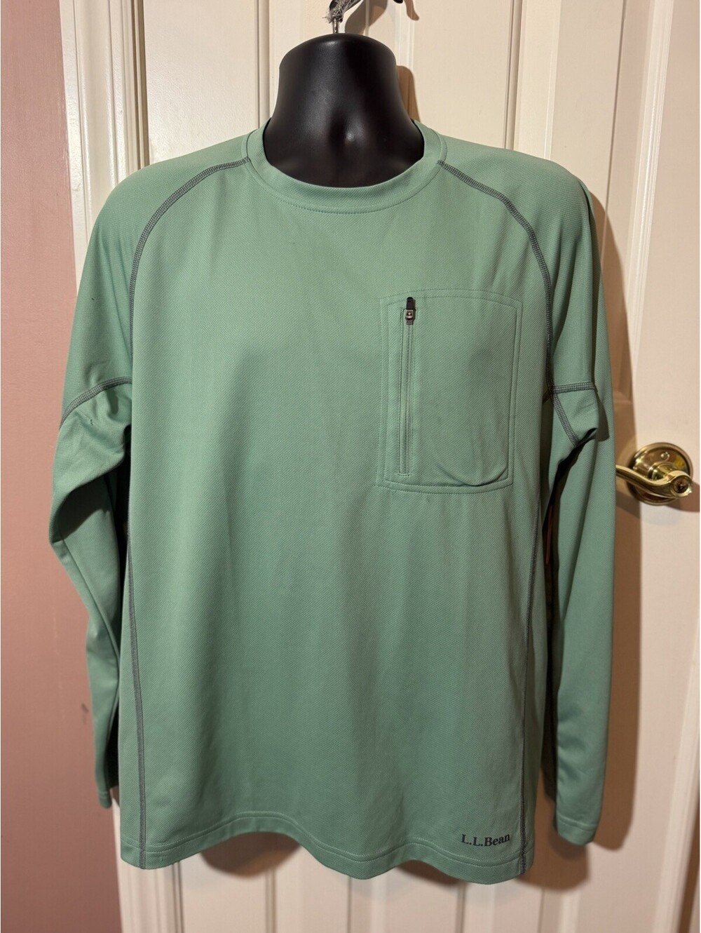 LL Bean Mens Large Comfort Stretch Pique Pullover Green Zip Pocket L/S 281094